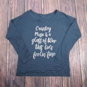 Country Music Wine Shirt Womens Large Navy This Girl's Feelin' Fine Long Sleeve